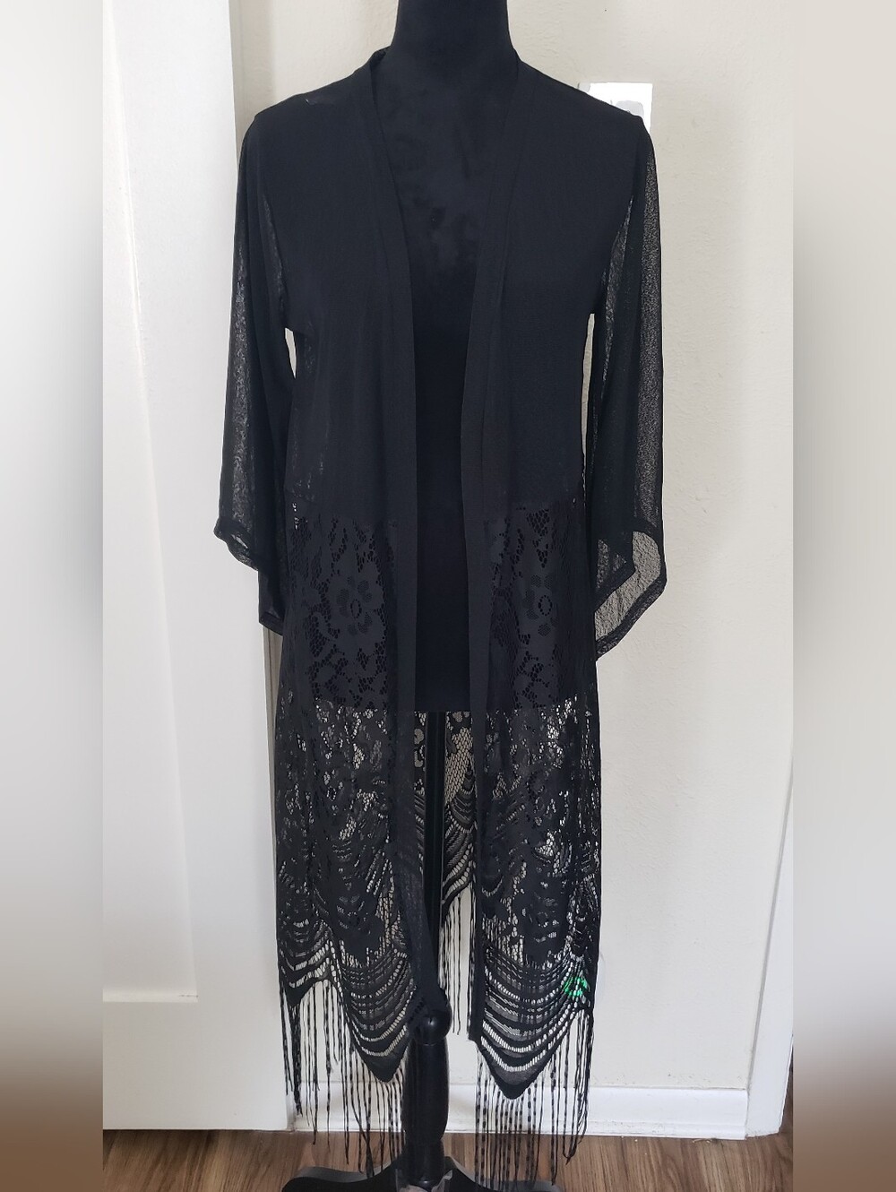 Black Lace Fringe Kimono Style Cover Up/jacket